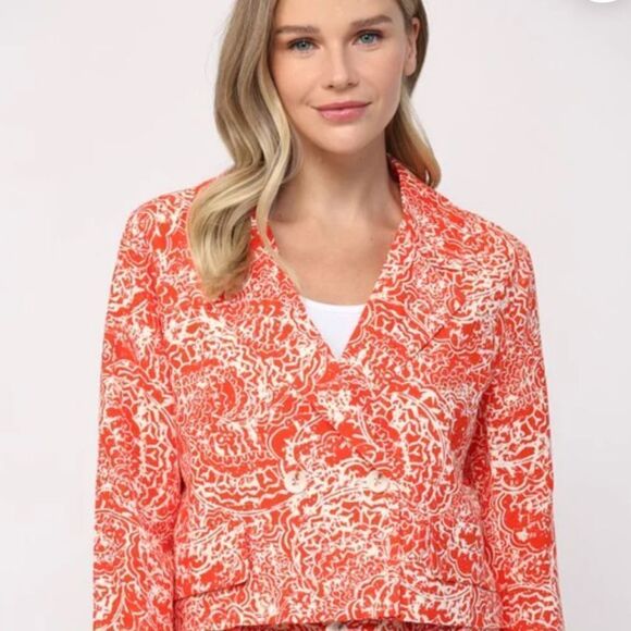 FATE Red Orange Linen Cotton Floral Print Cropped V Neck Spring Blazer NEW - Picture 2 of 16